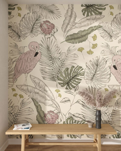 Graphic flamingos in tropical leaves wall mural for the living room