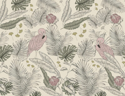 Graphic flamingos in tropical leaves wall mural