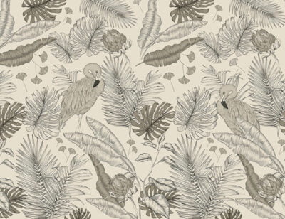 Graphic flamingos in tropical leaves wall mural in black and white