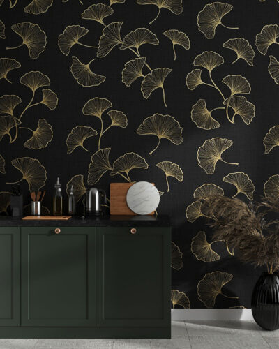 Golden ginkgo leaves patterned wallpaper for the kitchen