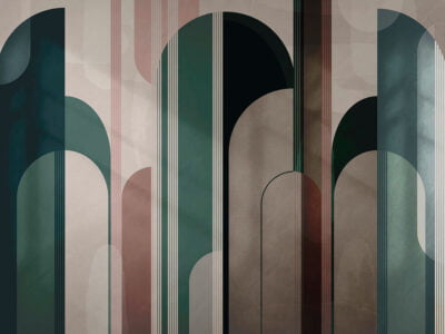 Geometric arches wall mural in green and brown colors