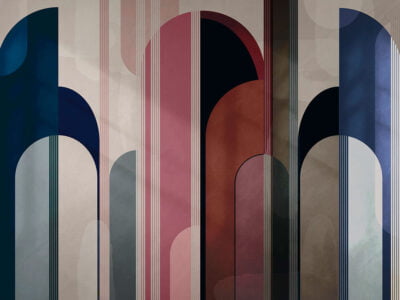 Geometric arches wall mural in blue and red colors