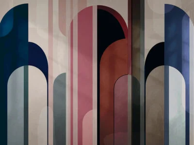 Geometric arches wall mural in blue and red colors