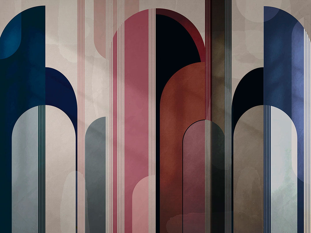 Geometric arches wall mural in blue and red colors