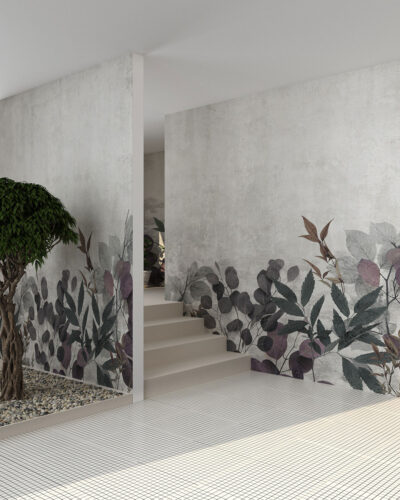 Tree leaves on the background of concrete wall mural for the corridor