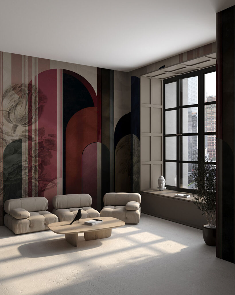 Flowers and geometric arches maximalistic wall mural for the living room