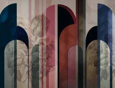 Designer wall mural with maximalistic flowers, red and blue geometric arches