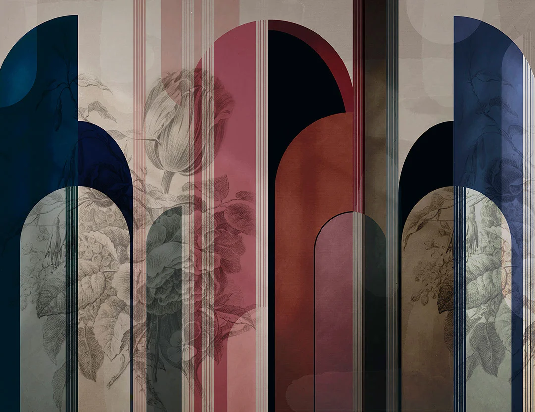 Designer wall mural with maximalistic flowers, red and blue geometric arches
