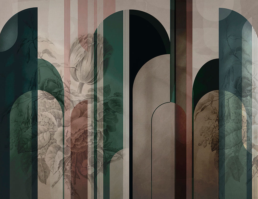 Designer wall mural with maximalistic flowers, brown and green geometric arches