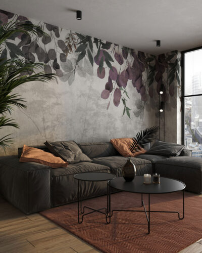 Overhanging leaves and forest in the fog wall mural for the living room