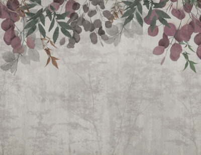 Overhanging leaves and forest in the fog wall mural