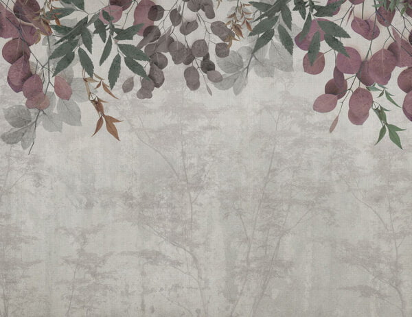 Nature wall mural with overhanging leaves and forest in the fog