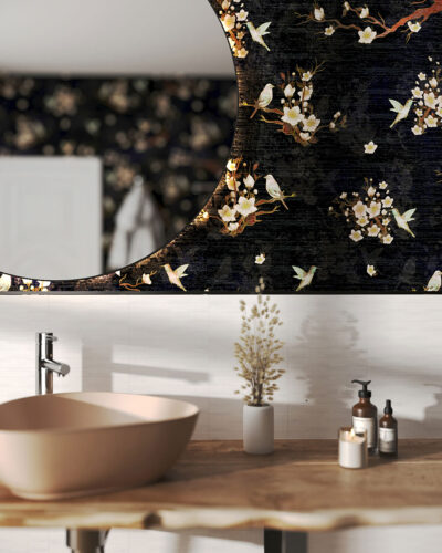 Patterned wallpaper for the bathroom with cherry blossoms and birds