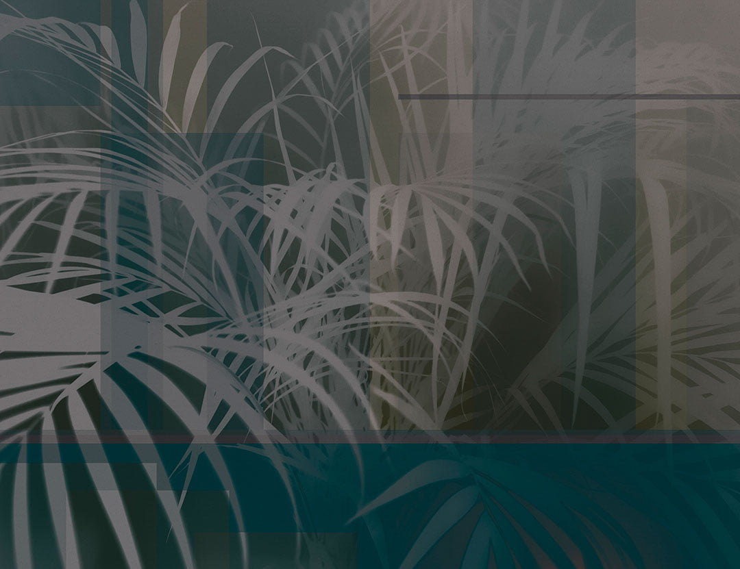 Designer wall mural with shadows of tropical leaves in green colors