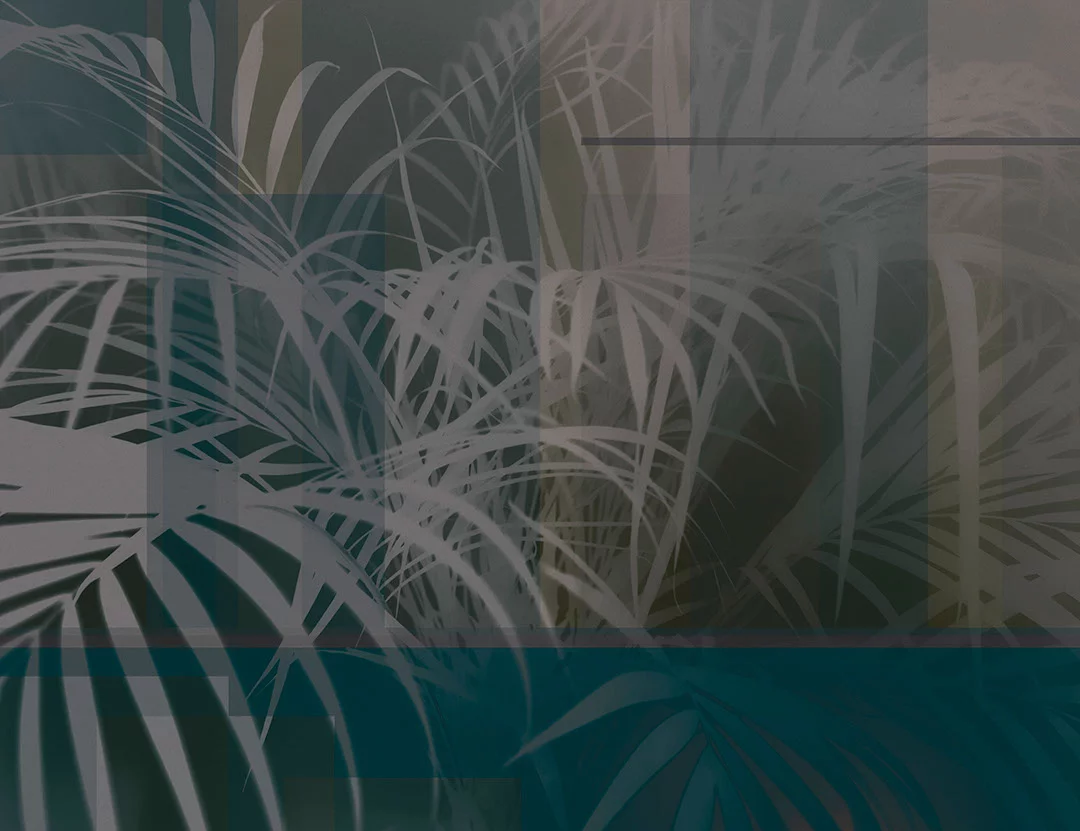 Designer wall mural with shadows of tropical leaves in green colors