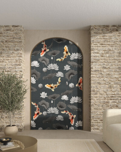 Japanese koi carps and lotuses patterned wallpaper for the living room