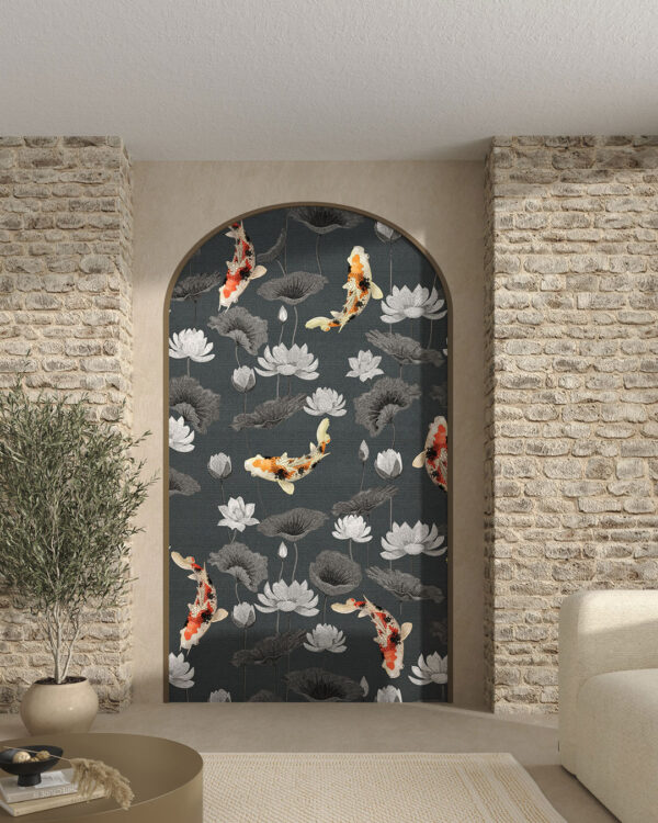 Japanese koi carps and lotuses patterned wallpaper for the living room