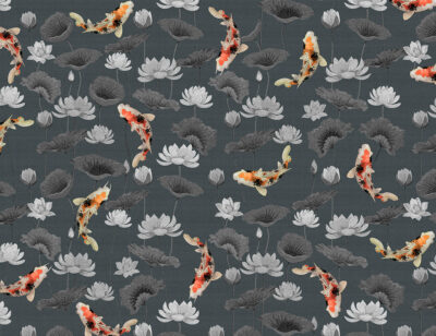 Japanese koi carps and lotuses in the dark water patterned wallpaper