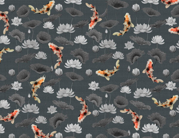 Nature wallpaper with pattern of Japanese koi carps and lotuses in the dark water