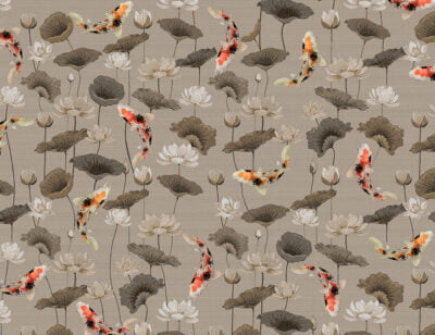 Nature wallpaper with pattern of Japanese koi carps and lotuses in the light water