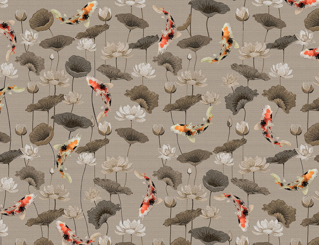 Nature wallpaper with pattern of Japanese koi carps and lotuses in the light water