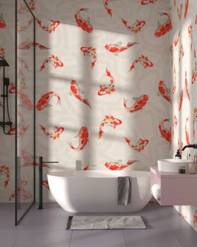 Red Japanese koi carp patterned wallpaper for the bathroom