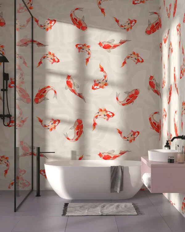 Red Japanese koi carp patterned wallpaper for the bathroom