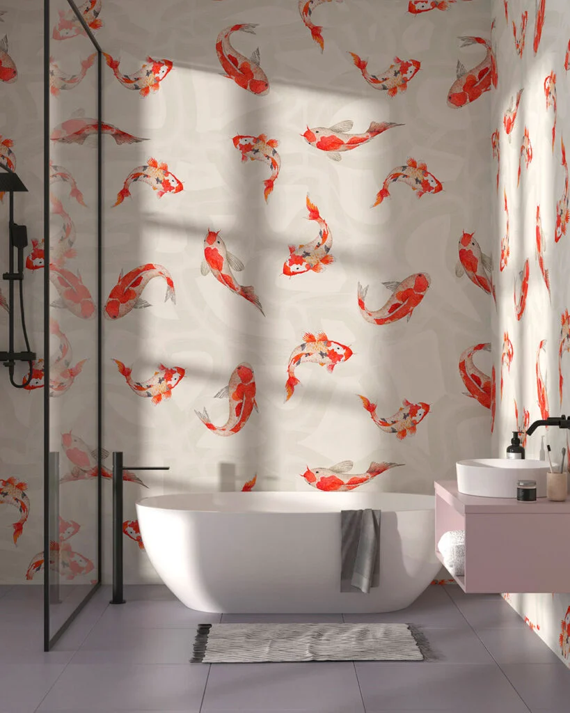 Wall Mural Hillerød for the bathroom - kith2kin.com Red Japanese koi carp patterned wallpaper for the bathroom
