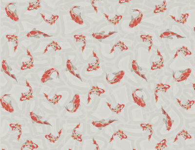 Red Japanese koi carp at the gray background patterned wallpaper