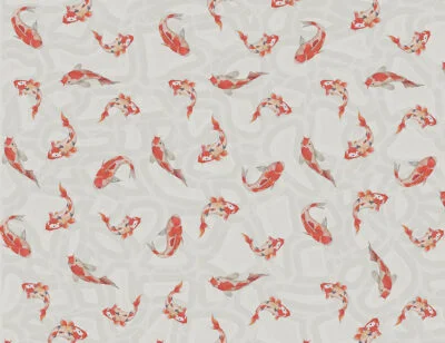 Red Japanese koi carp at the gray background patterned wallpaper