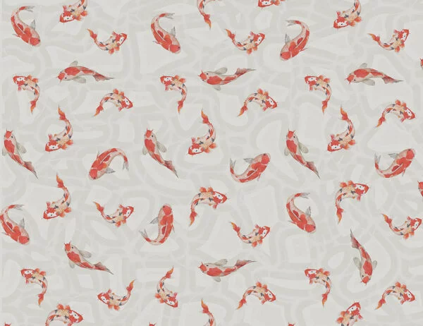 Red Japanese koi carp at the gray background patterned wallpaper