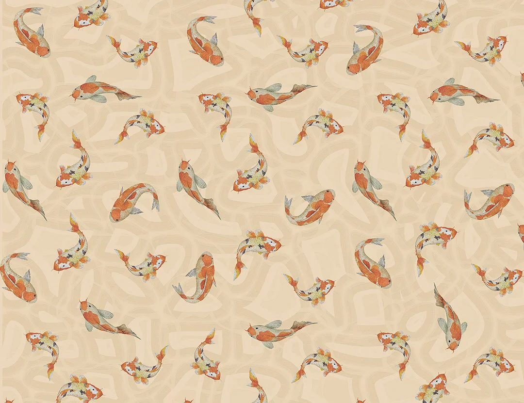 Red Japanese koi carp at the peachy background patterned wallpaper