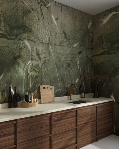 Dark tiles with ears of grain wall mural for the kitchen