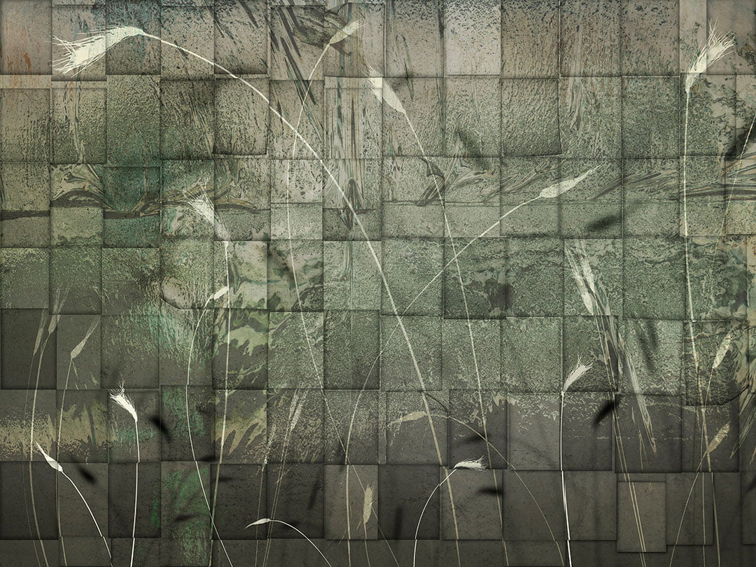 Designer wall mural with dark small tiles and ears of grain