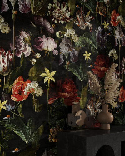 Vintage dark flowers patterned wallpaper for the living room