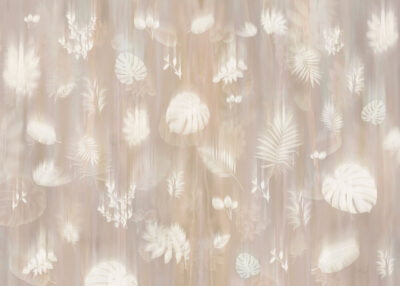 Designer wall mural with white leaves imprints on the light background