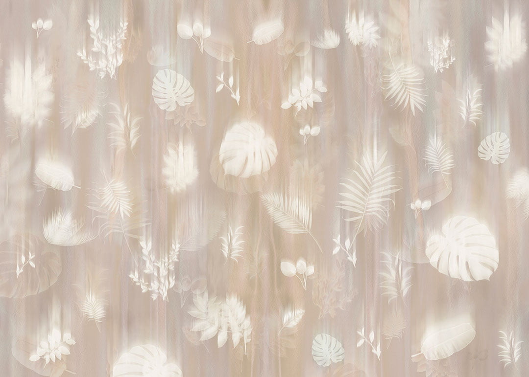 Designer wall mural with white leaves imprints on the light background