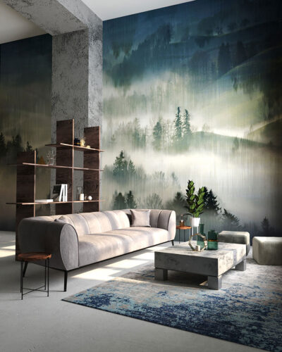 Watercolor gradient misty forest wall mural for the living room