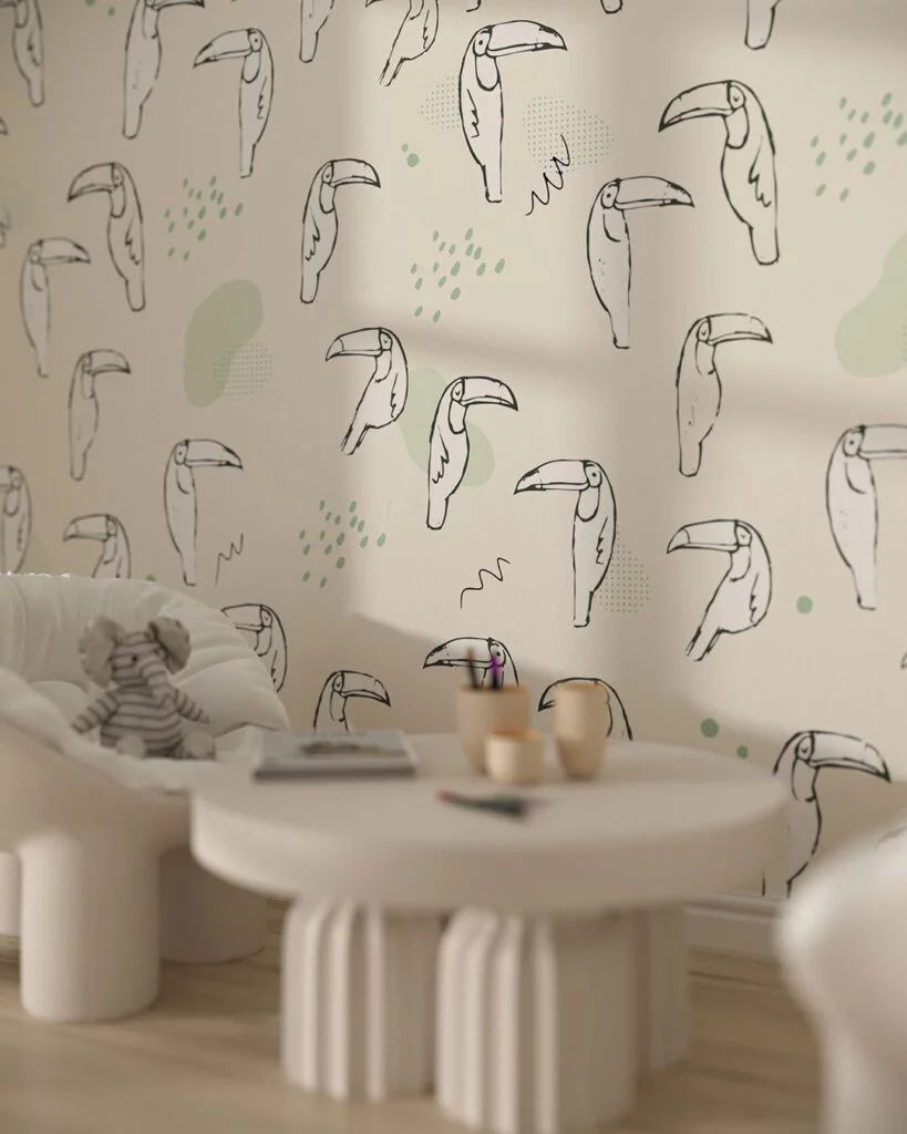 Wall Mural Sand for a children's room - kith2kin.com Tender toucan birds patterned wallpaper for a children's room