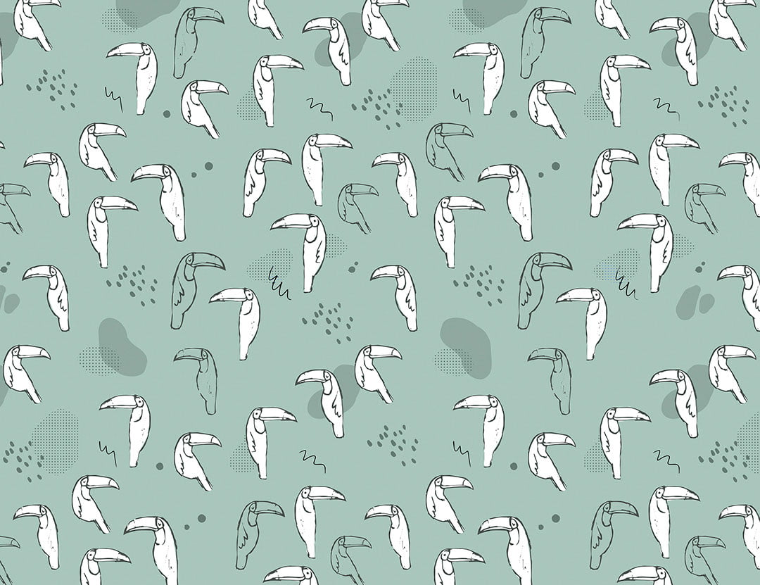 Tender toucan birds on the blue background patterned wallpaper