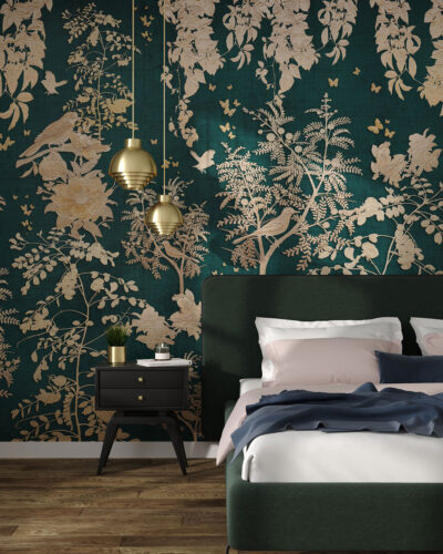 Embossed golden trees and birds wall mural for the bedroom