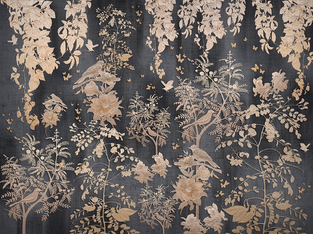 Embossed golden trees and birds wall mural on the dark background