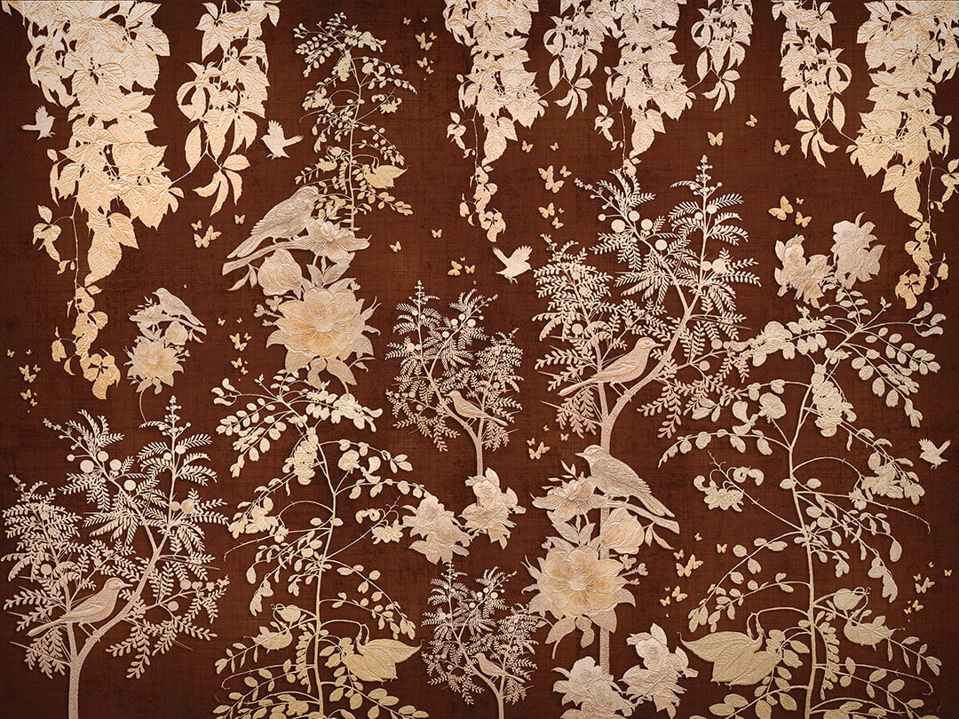 Embossed golden trees and birds wall mural on the brown background