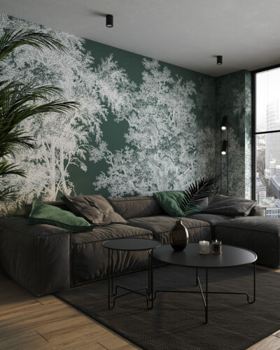 White illustrated forest wall mural for the living room