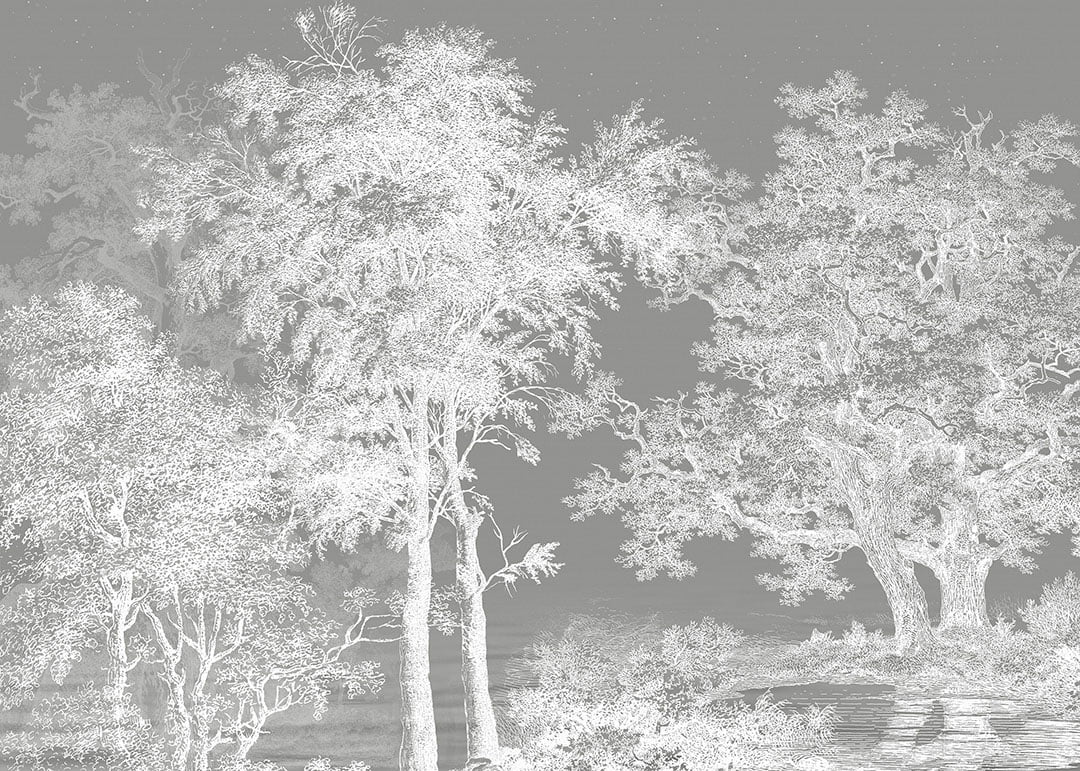 White illustrated forest on the gray sky wall mural