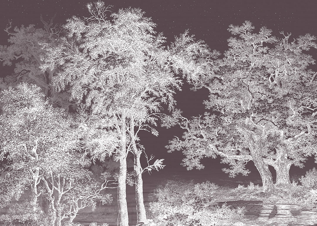White illustrated forest on the dark sky wall mural
