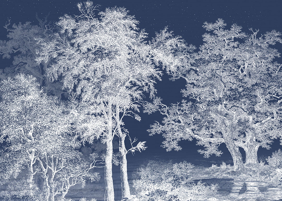 White illustrated forest on the blue sky wall mural