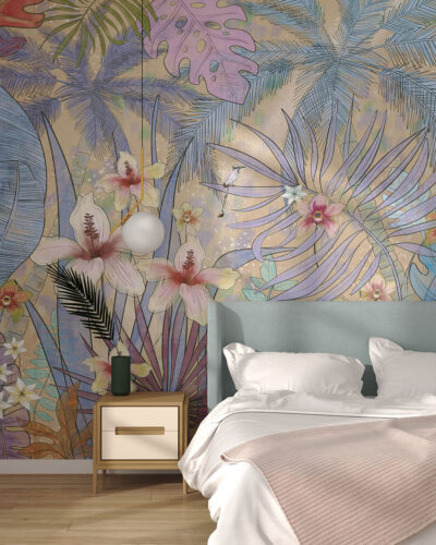 Tropical leaves and flowers wall mural for the bedroom