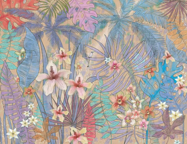 Bright tropical wall mural with leaves and flowers on the beige background