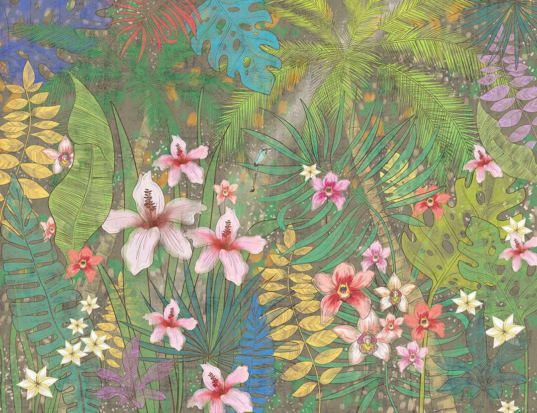 Bright tropical wall mural with leaves and flowers on the dark background
